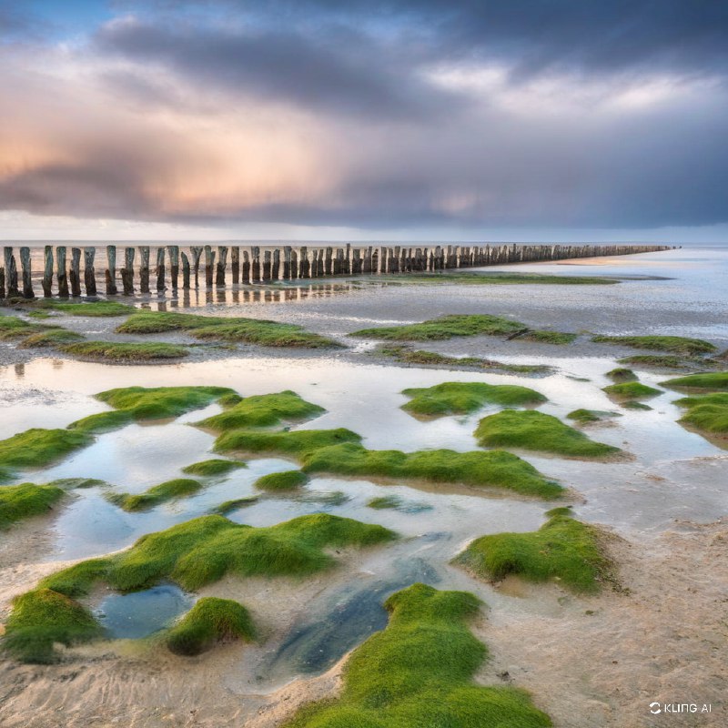 这是一幅宁静的风景画，展现了广阔的海岸风光