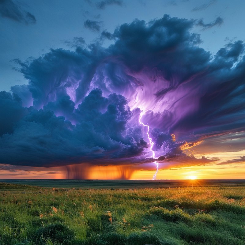 #Bing_Wallpaper“在日落时分，内布拉斯加州宽广的平原上，一场壮丽的雷暴正肆虐