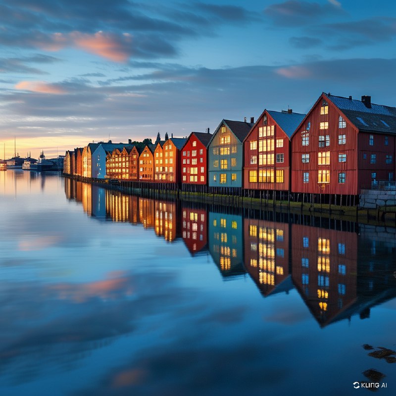 #Bing_Wallpaper“挪威特隆赫姆宁静的暮色，捕捉到‘蓝色时刻’笼罩下的静谧河畔景象