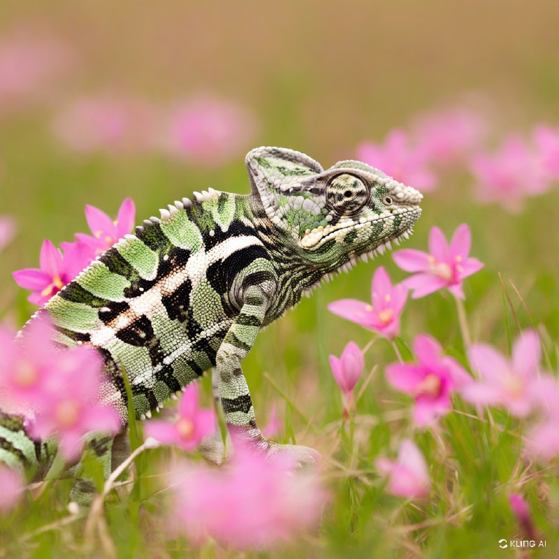 #Bing_Wallpaper“一只伪装成浅粉色野花草地的变色龙，巧妙地与周围环境融为一体，却又凭借其复杂的纹理图案在米色、橄榄绿和深棕色的不同色调中微微凸显出来