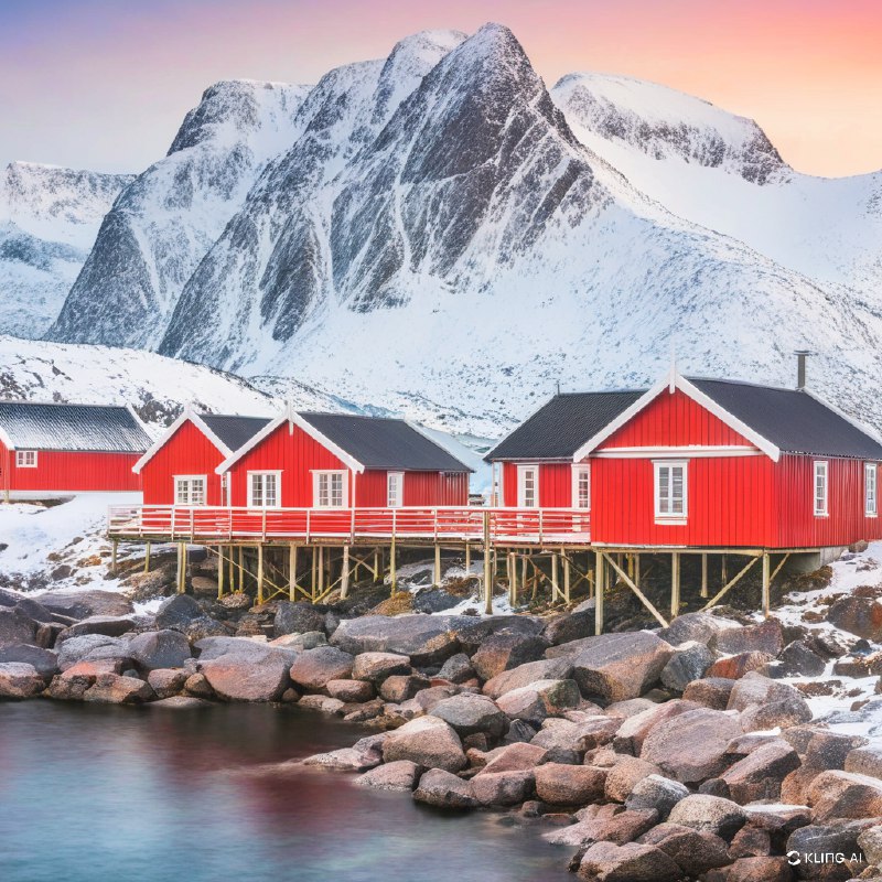 #Bing_Wallpaper鲜艳的红色渔民小屋坐落在挪威Reinefjord的岩石海岸上，背后是雪山覆盖的壮丽景色