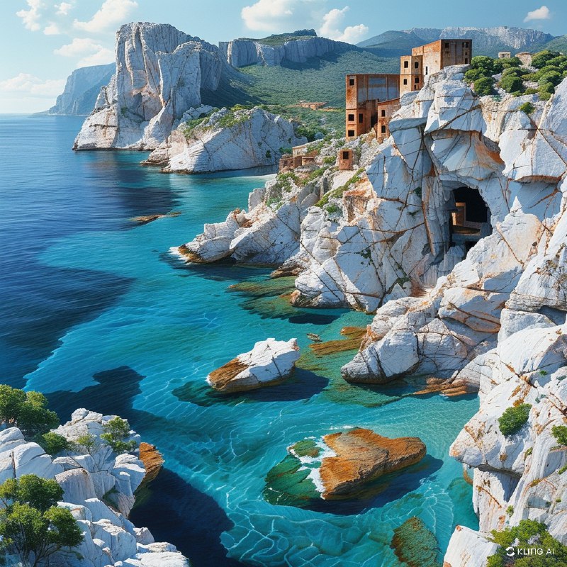#Bing_Wallpaper“在意大利撒丁岛苏尔基斯-伊格莱西恩特地区的弗拉维亚港，一座雄伟的海岸悬崖展现出戏剧性的石灰岩峭壁，峭壁中镶嵌着一座神秘且古老的工业建筑，隐匿于巨大的白色与赭色石块之中