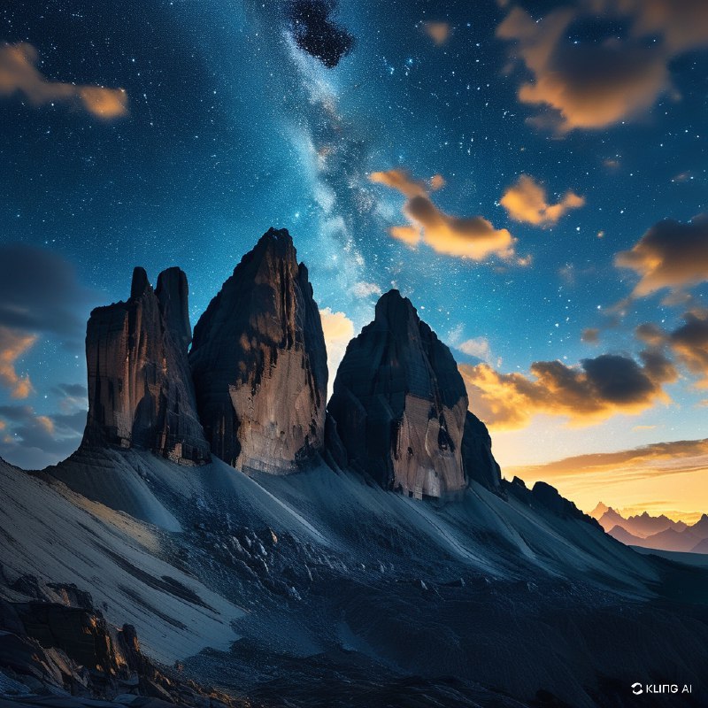 #Bing_Wallpaper“星光灿烂的夜晚下，庄严的三峰峻岭（Tre Cime di Lavaredo）剧烈地凸显于辉煌的银河所点亮的天空
