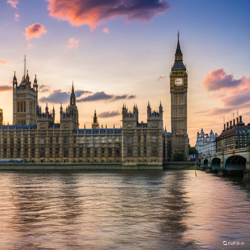 #Bing_Wallpaper"壮丽的景色展现了伦敦标志性地标在令人屏息的日落时分的美景，包括宏伟的威斯敏斯特宫、被金色光辉照亮的高耸大本钟钟面，以及议会大厦的历史建筑