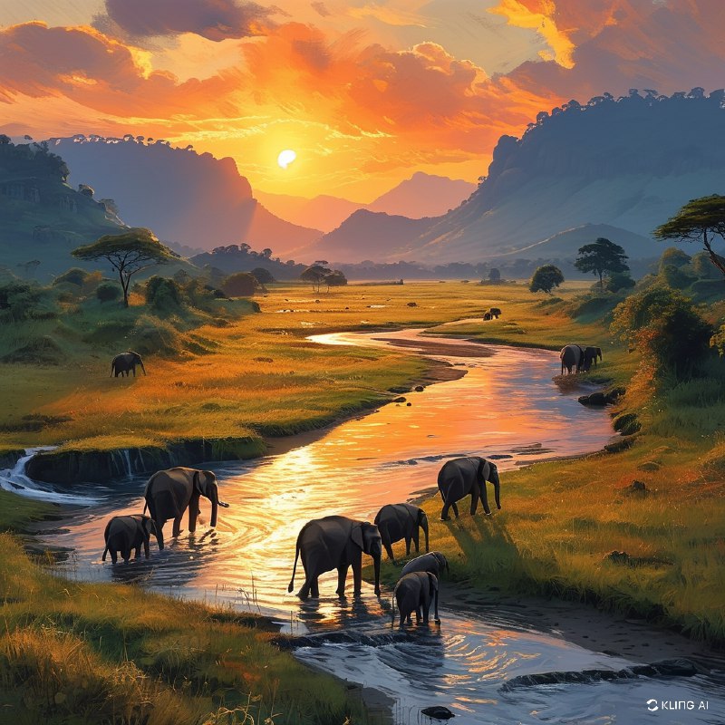 #Bing_Wallpaper壮观的一群大象漫步于印度吉姆·科贝特国家公园，夕阳将天空染成橙色，为大地披上温暖的色调