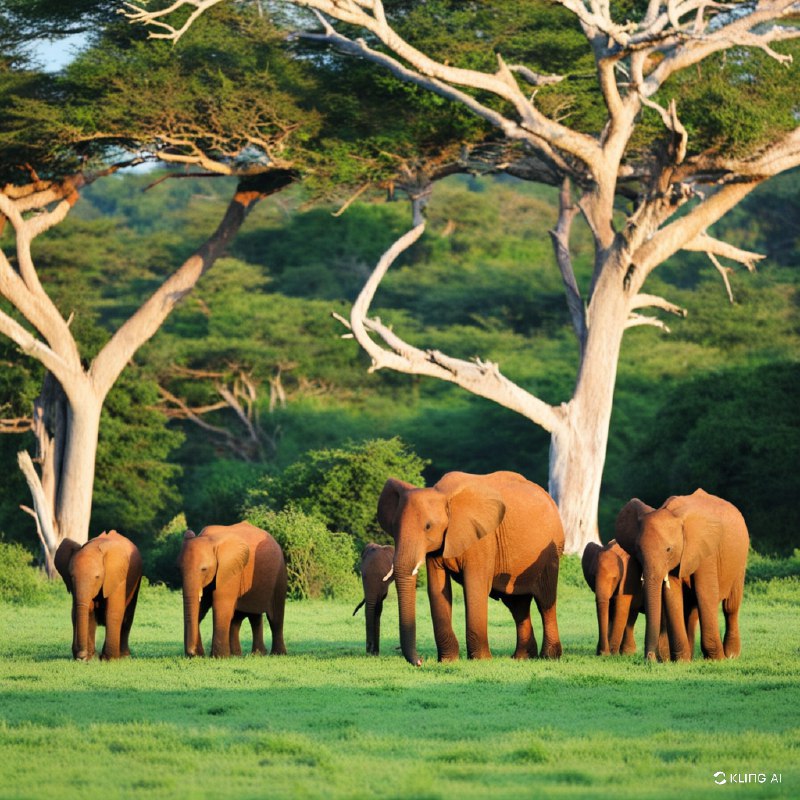 肯尼亚察沃东国家公园郁郁葱葱的平原上，非洲大象家族整齐划一地走过，呈现出一幅宁静的风景画
