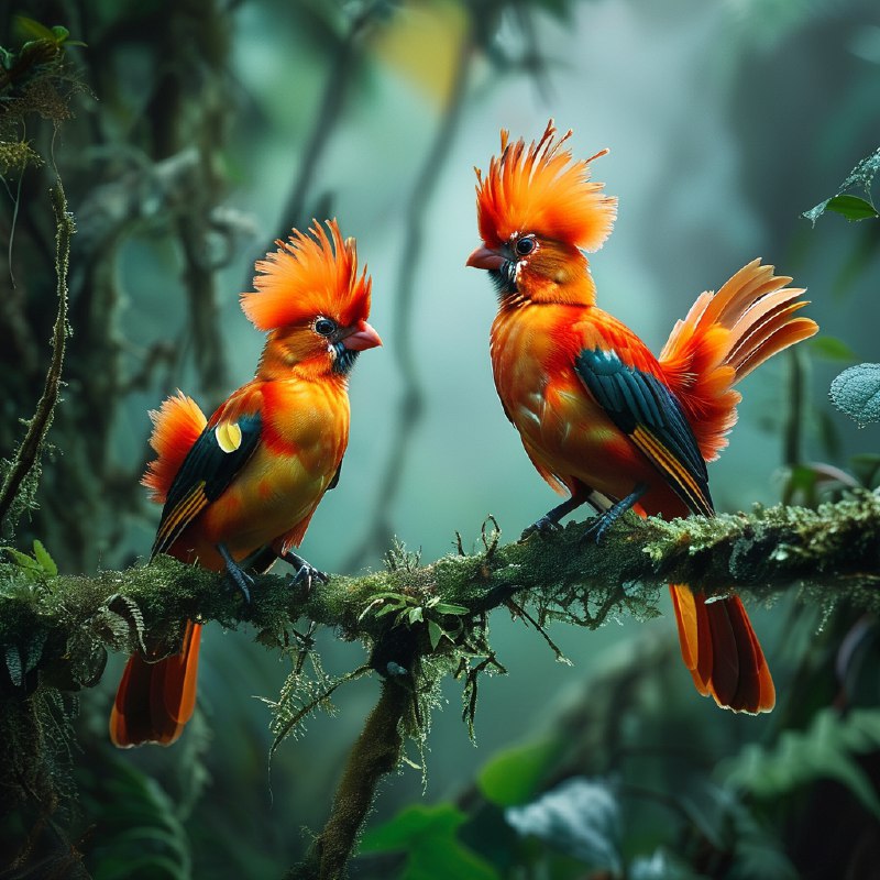 #Bing_Wallpaper两只色彩鲜艳的安第斯岩鸡栖息在厄瓜多尔茂密而雾气缭绕的雨林中，它们引人注目的红橙色羽冠在裹满苔藓的树枝和背景中模糊的绿色与棕色衬托下熠熠生辉