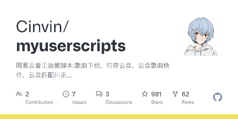 GitHub - Cinvin/myuserscripts: 网易云音乐油猴脚本:歌曲下载、转存云盘、云盘歌曲快传、云盘匹配纠正...