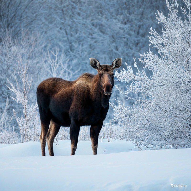 #Bing_Wallpaper"创造一个令人叹为观止的场景：在阿拉斯加德纳利国家公园的雪景中，一只母麋鹿伫立其中，眼神狂野而深邃