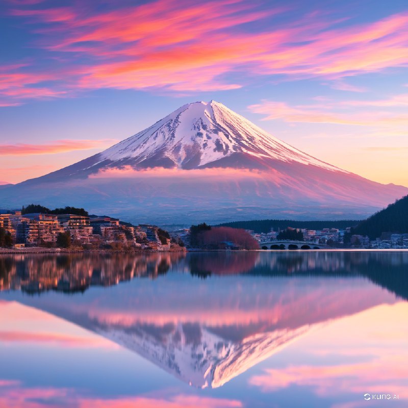 #Bing_Wallpaper旭日柔和的金色光芒洒在雄伟的富士山上，雪顶在温暖的光线中泛着光辉，完美地倒映在日本河口湖如镜的湖水中