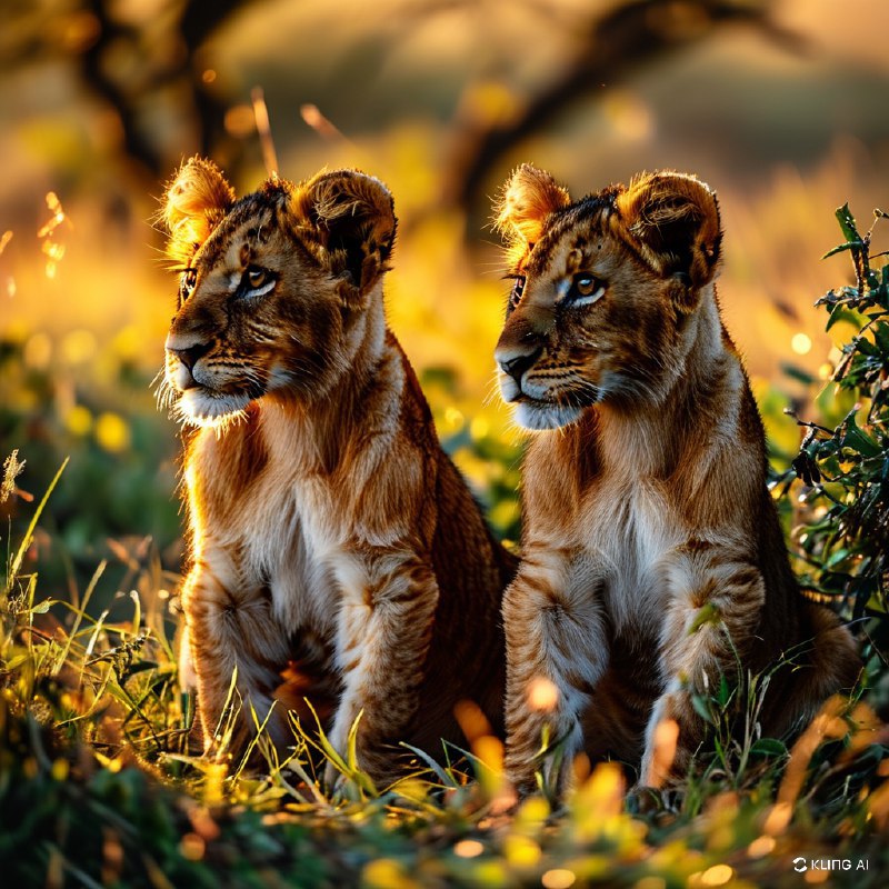 #Bing_Wallpaper日出时分，南非的两只小狮子坐在草地上，眺望远方