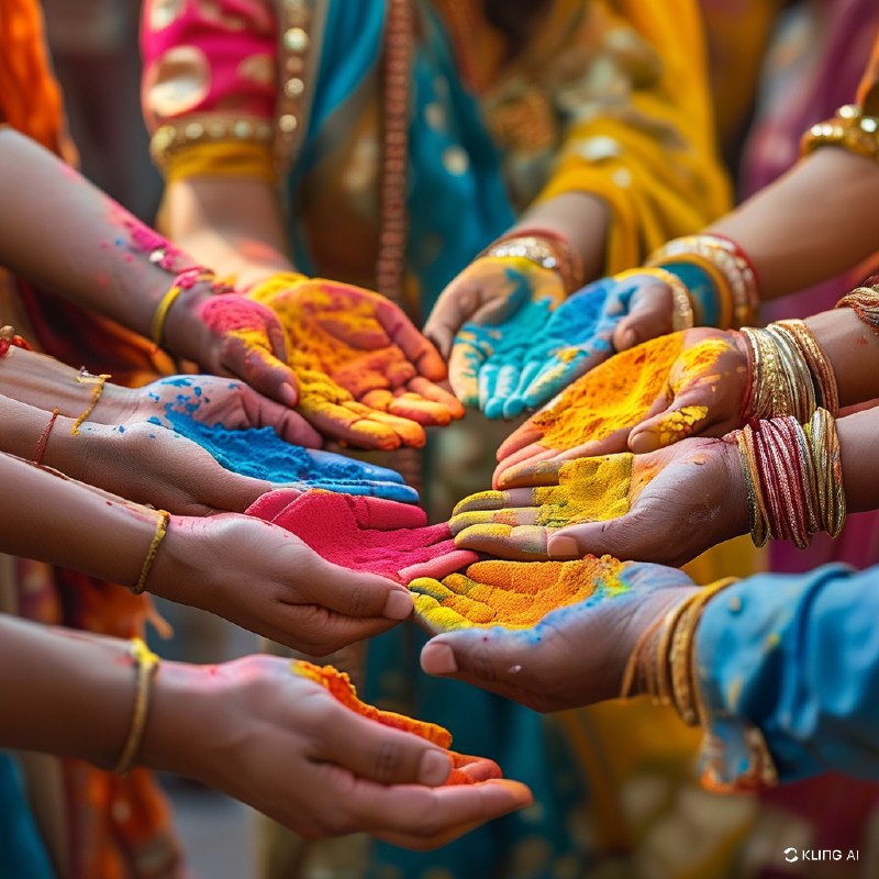 #Bing_Wallpaper在印度斋浦尔热烈庆祝的洒红节，色彩斑斓的粉末洒满双手和衣服，象征着欢乐与团结