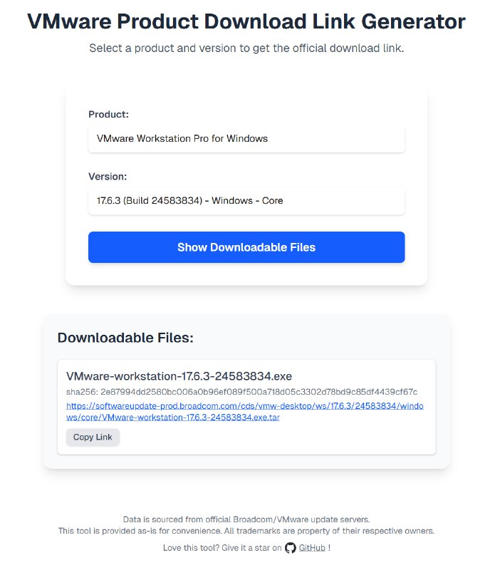 博通把 vmware 原来的 index 关闭了, 我搞了个工具获取 Vmware 产品的下载链接VMware Product and Package Index选择产品 - 选择版本 - 获取链接