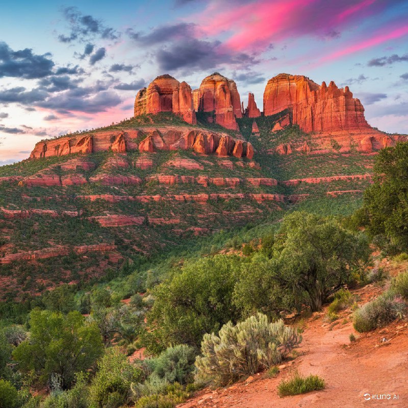#Bing_Wallpaper“亚利桑那州塞多纳雄伟的红岩地貌，在一个充满活力的暮色天空下显得格外壮观，天空色彩迷离，紫色、粉色和蓝色交织，仿佛情感与能量的旋涡；崎岖的砂岩峭壁散发着温暖的琥珀色与深红色调，其间点缀着茂密的绿色沙漠植被；前景展现了沙漠植物的细节，包括鼠尾草和仙人掌，与土红色的地面形成鲜明对比；整个场景的鲜明宁静唤起一种神秘而超凡的氛围，画面以高度写实的高清风格呈现，巧妙平衡了戏剧性的光线与柔和的自然色彩