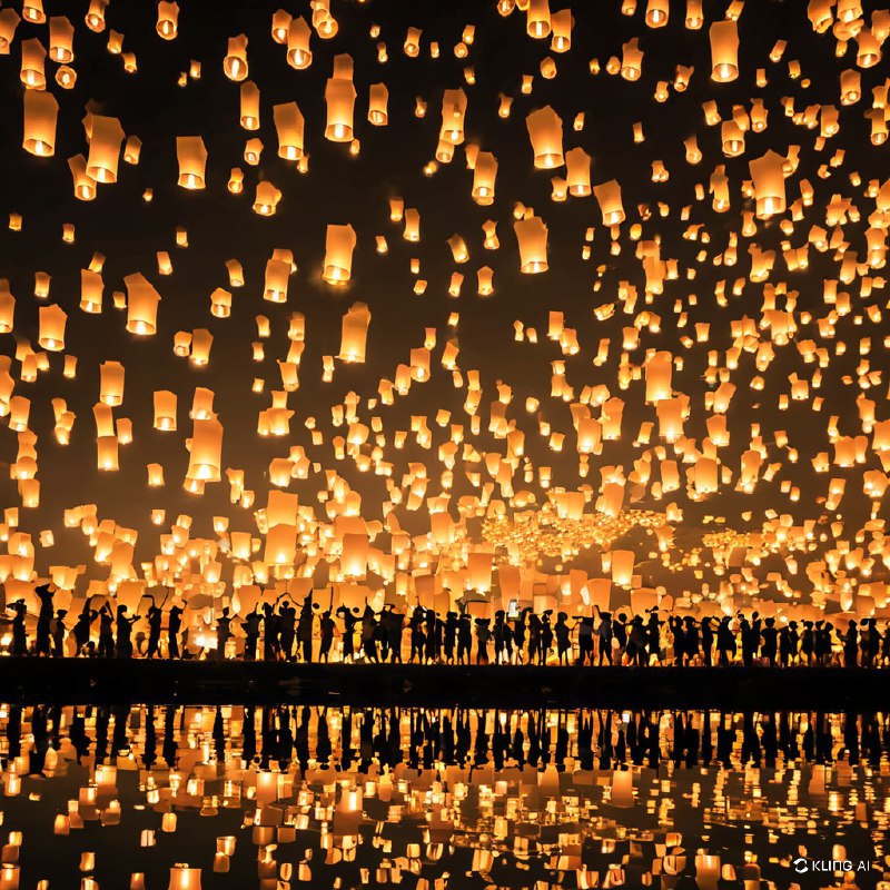夜幕降临，数以千计的灯笼闪闪发光，照亮天空，映照在水面上，呈现出一派生机勃勃的节日景象