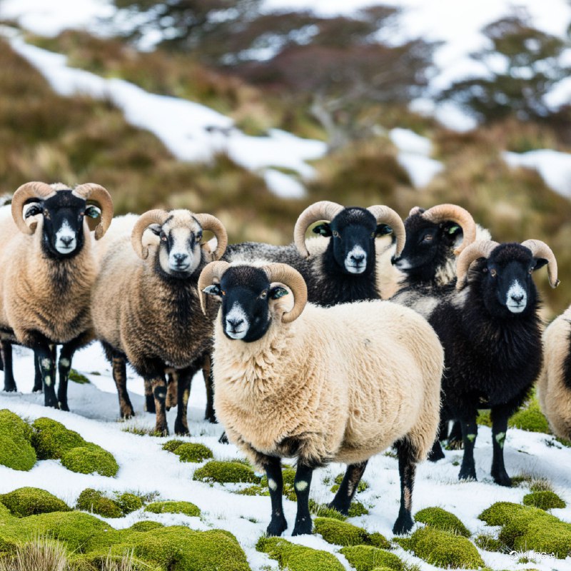 #Bing_Wallpaper一群宁静而威严的长角绵羊站立在新西兰的一处草地上，草地上零星点缀着白雪