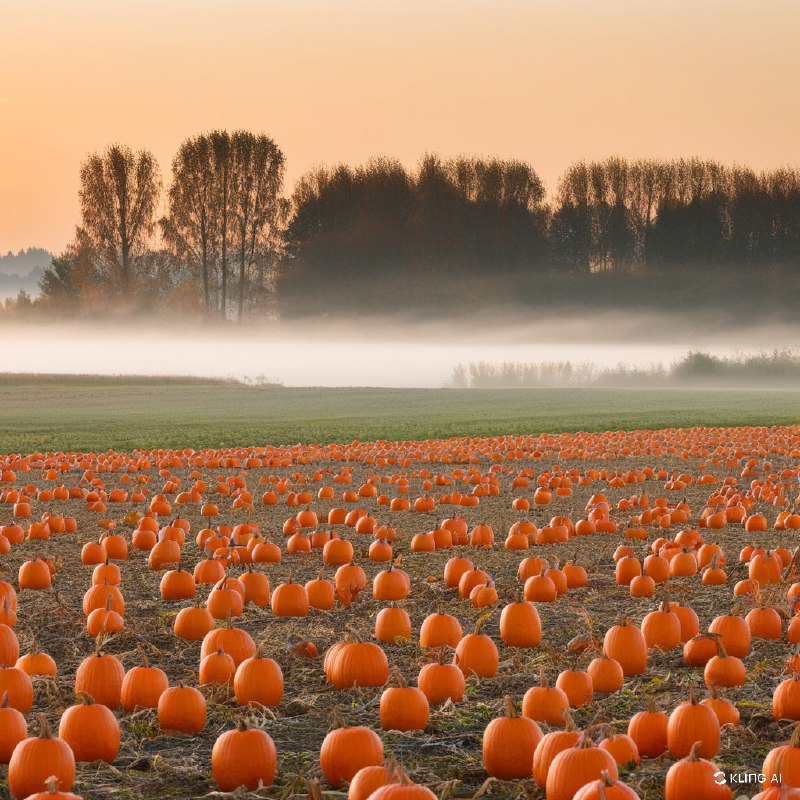日落时分，加拿大不列颠哥伦比亚省维多利亚市，一片宁静的南瓜田，四周环绕着傍晚的薄雾，背景是树木，灯光温暖柔和，秋意浓浓