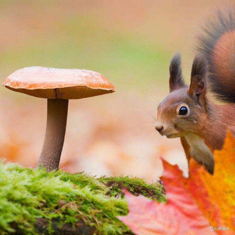 #Bing_Wallpaper一个充满奇幻氛围的秋日森林场景，一只好奇的欧亚红松鼠注视着一株高大、表面纹理丰富的毒蘑菇