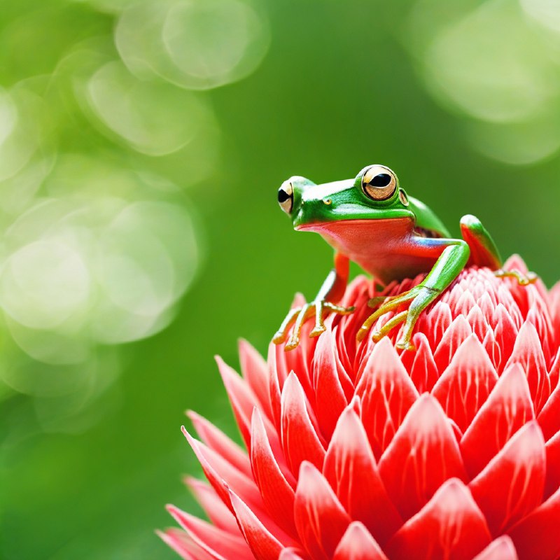#Bing_Wallpaper一只充满活力的哥斯达黎加树蛙栖息在一朵鲜艳的红色螺旋姜花上，它那鲜亮的绿色身体和炯炯有神的金色眼睛散发着生机勃勃的光彩