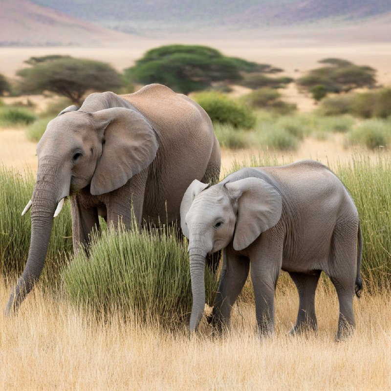 #Bing_Wallpaper两头沙漠大象——一头成年象和一头顽皮的小象——正在纳米比亚广阔的沙漠地带中，平静地在高大茂密的金绿色草丛间觅食