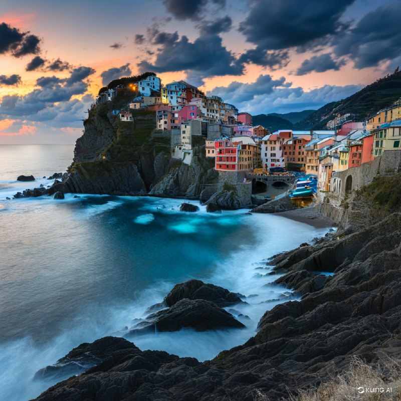 夕阳下的海滨村庄景色迷人，悬崖边的房屋色彩斑斓，可以俯瞰大海，海浪轻轻拍打着岩石，天空中的云朵波澜壮阔，景色宁静如画，令人陶醉，气氛祥和