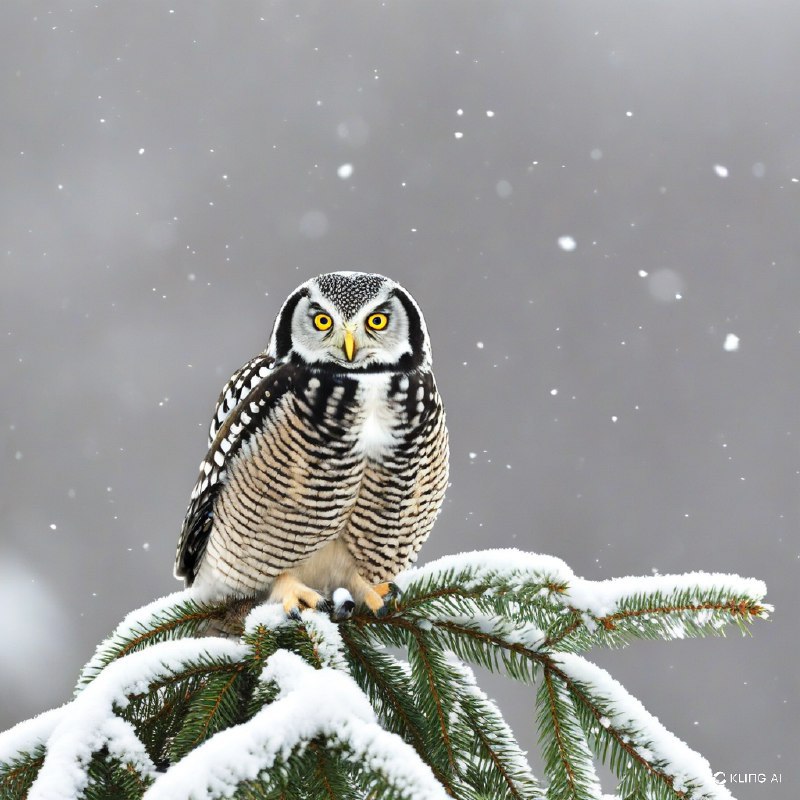 #Bing_Wallpaper"苍凉的北方雀鹰栖息在覆盖着薄雪的常绿树枝上，背景是一片柔和模糊的灰色冬季天空