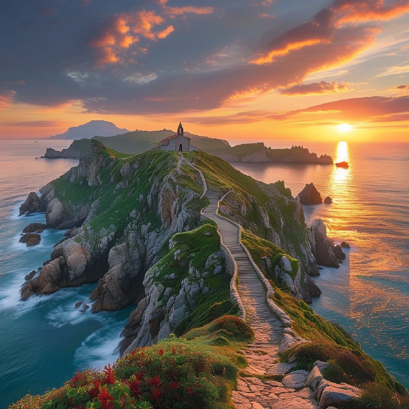 #Bing_Wallpaper在西班牙巴斯克地区，日落时分的加斯特卢加特谢岛展现出令人叹为观止的景色