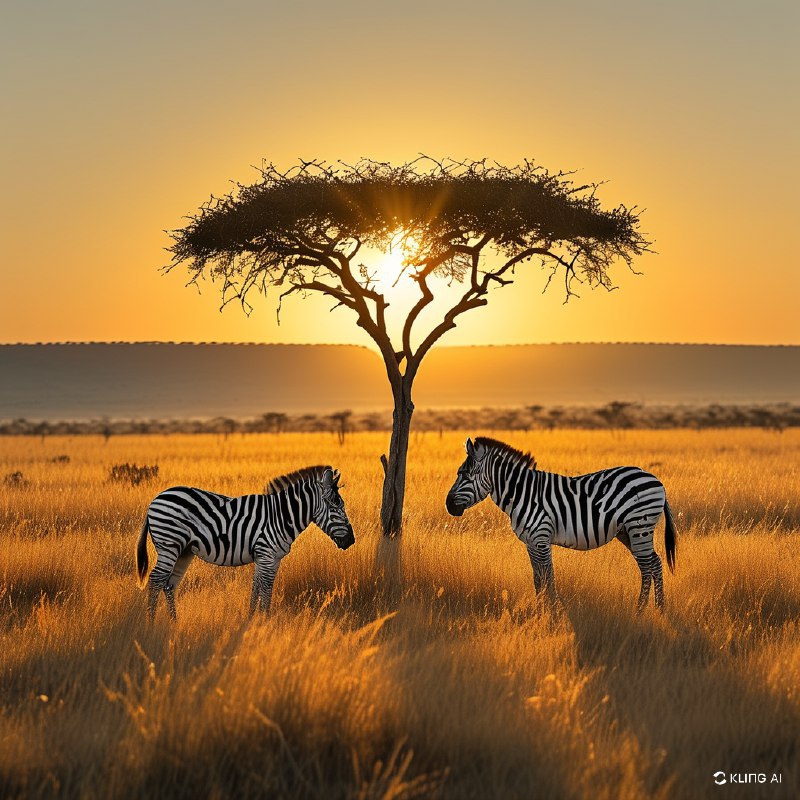 #Bing_Wallpaper两匹雄伟的平原斑马站立在金色的稀树草原上，沐浴在南非莫卡拉国家公园日出时温暖的金色光芒中