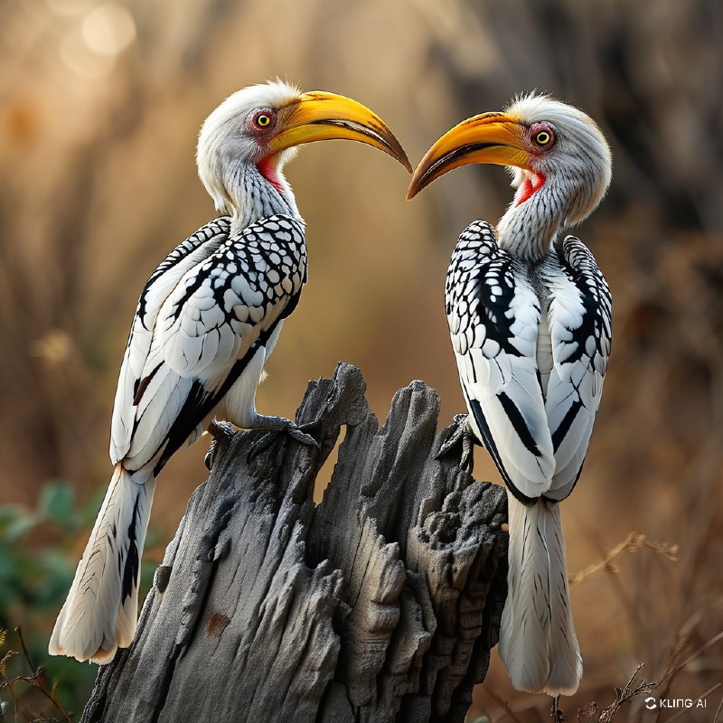 #Bing_Wallpaper两只活力十足的南方黄嘴犀鸟栖息在南非克鲁格国家公园荒野中一棵风化灰树桩的顶端