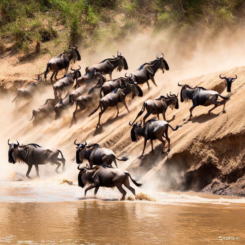 一群角马在迁徙途中跃入河中，空气中弥漫着泥土和灰尘，河岸郁郁葱葱，动态，非洲风景，生存，自然摄影