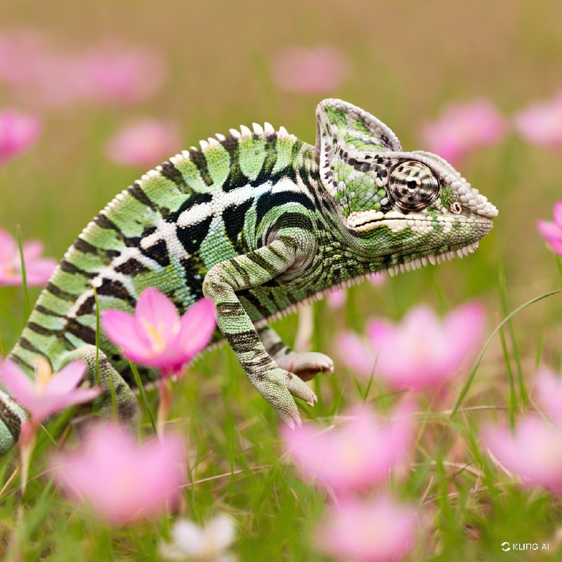 #Bing_Wallpaper“一只伪装成浅粉色野花草地的变色龙，巧妙地与周围环境融为一体，却又凭借其复杂的纹理图案在米色、橄榄绿和深棕色的不同色调中微微凸显出来