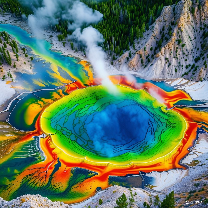 #Bing_Wallpaper密苏里州黄石国家公园的大棱镜泉空中美景，展示了其充满活力的地热之美