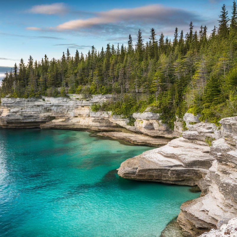 #Bing_Wallpaper“安大略省加拿大布鲁斯半岛国家公园，壮丽的悬崖俯瞰着一片宁静的碧绿海湾，周围环绕着茂密的常青树林