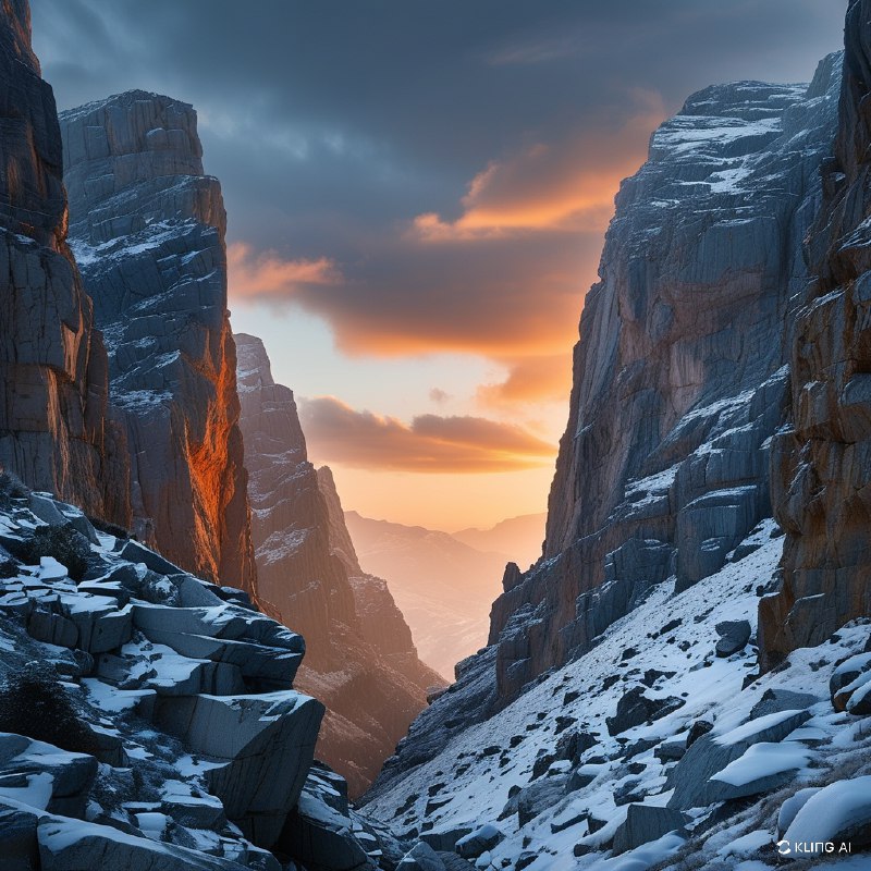 #Bing_Wallpaper黎明时分雄伟的山口，灵感来源于西班牙佩尔迪多山国家公园的罗兰多峡谷；崎岖的悬崖在日出第一缕光辉的照耀下呈现温暖的橙色色调，与寒冷的冰雪和覆盖霜冻的岩石坡面形成鲜明对比；戏剧性的天空融汇深蓝的柔和色调与微妙的灰色层次，营造出宁静却令人叹为观止的高山氛围；凹凸分明的石块、风化的岩壁以及闪耀的雪原呈现出高度细致的质感；电影感的构图，广角视野，缥缈的光线从高耸的悬崖间倾泻而下，唤起一种冒险精神和自然的宏伟之美