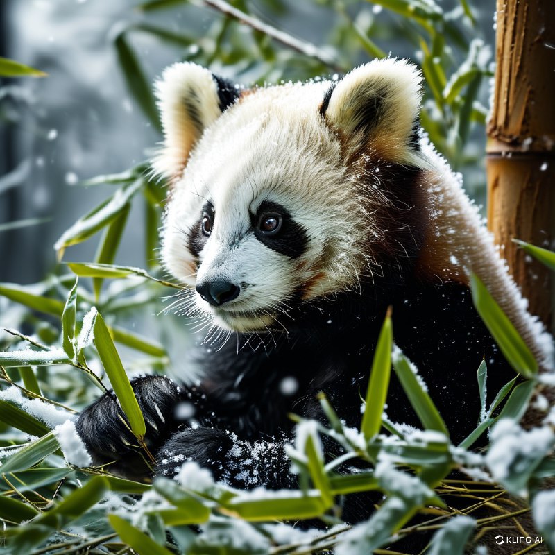 #Bing_Wallpaper可爱的熊猫宝宝置身于宁静的雪景中，周围环绕着积有薄雪的翠绿色竹叶