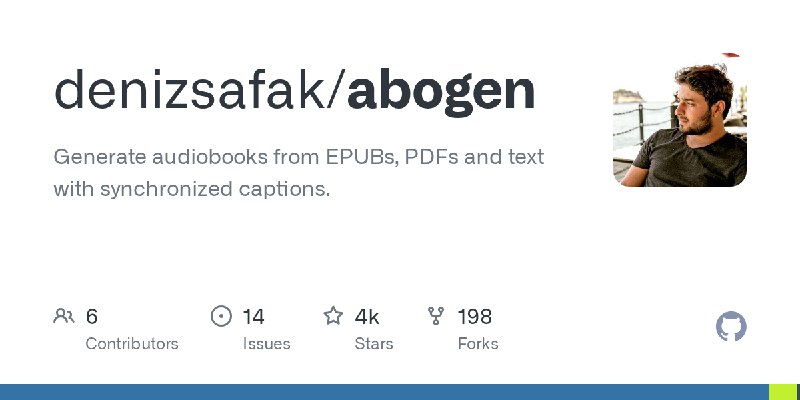 GitHub - denizsafak/abogen: Generate audiobooks from EPUBs, PDFs and text with synchronized captions.