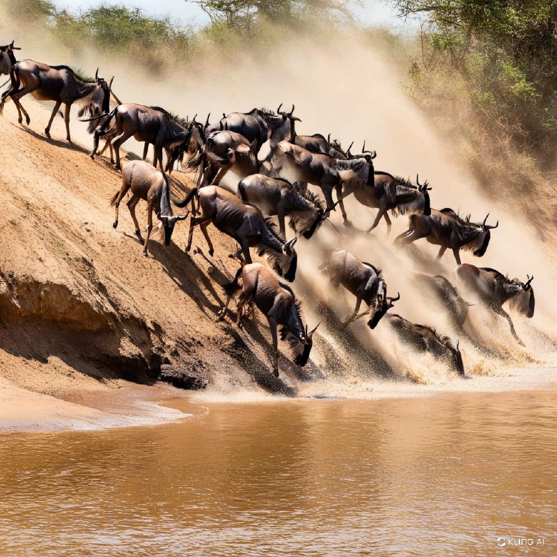 一群角马在迁徙途中跃入河中，空气中弥漫着泥土和灰尘，河岸郁郁葱葱，动态，非洲风景，生存，自然摄影