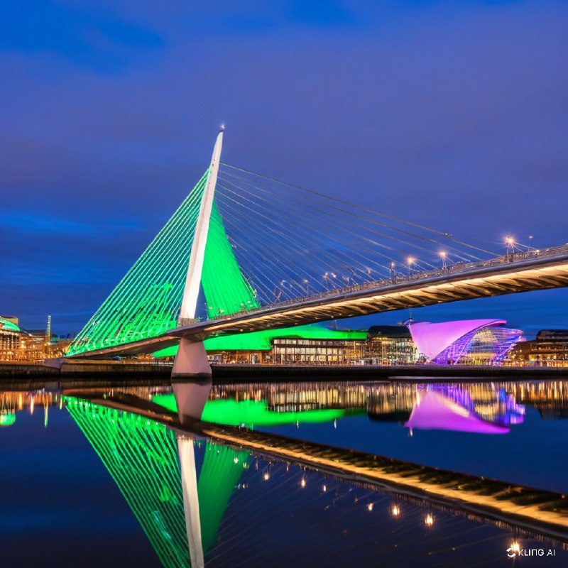 #Bing_Wallpaper"在爱尔兰都柏林圣帕特里克节庆祝活动中，塞缪尔·贝克特桥展现出迷人的夜景