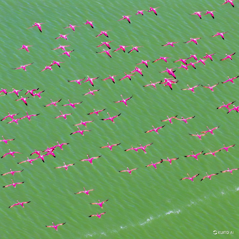 一群火烈鸟飞过一片绿色，鸟瞰，色彩鲜艳，动态，自然场景，户外野生动物摄影
