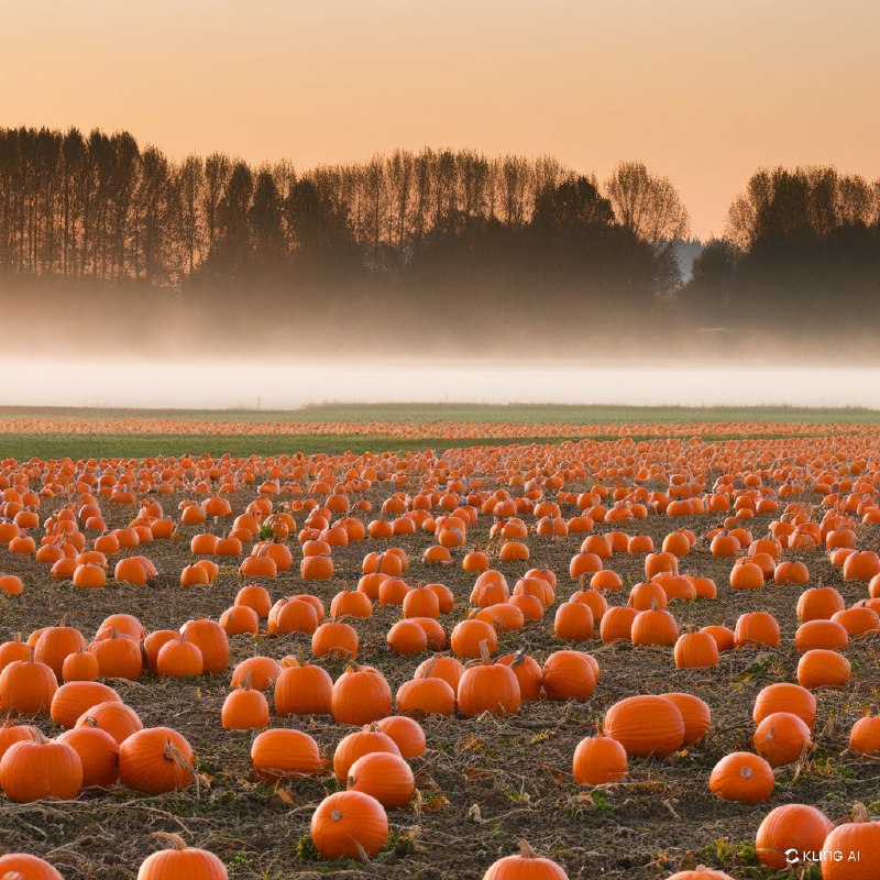 日落时分，加拿大不列颠哥伦比亚省维多利亚市，一片宁静的南瓜田，四周环绕着傍晚的薄雾，背景是树木，灯光温暖柔和，秋意浓浓