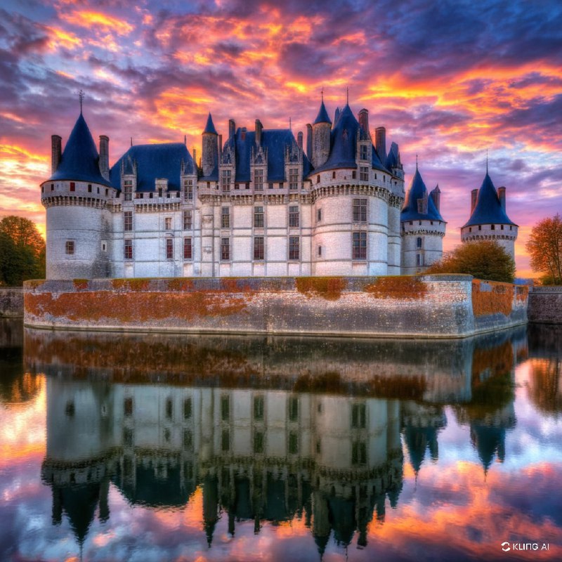 #Bing_Wallpaper一座雄伟的中世纪城堡庄严地矗立在卢瓦尔河静谧的河岸边，暮色中，它被宁静的水面环绕，水面倒映着城堡巍峨的石墙和高耸的圆锥形塔尖