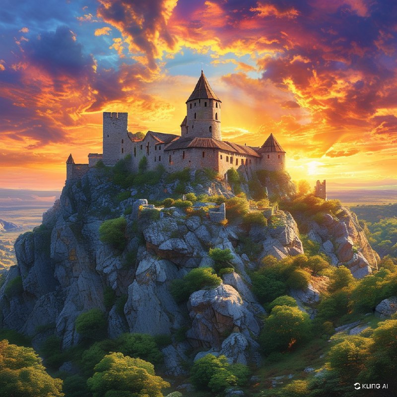 #Bing_WallpaperA majestic ancient castle perched atop a rocky cliff, surrounded by a vast, rugged landscape with sparse greenery. The sky is painted with a stunning, colorful sunset, casting a warm, golden light over the scene. The castle's towers and stone walls are bathed in this dramatic lighting, enhancing its historical and mystical aura. The overall atmosphere is one of awe and timeless beauty.一座雄伟的古老城堡坐落在陡峭的岩石悬崖上，周围是广阔而崎岖的地形，零星点缀着稀疏的绿色植被