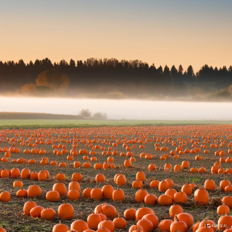 日落时分，加拿大不列颠哥伦比亚省维多利亚市，一片宁静的南瓜田，四周环绕着傍晚的薄雾，背景是树木，灯光温暖柔和，秋意浓浓