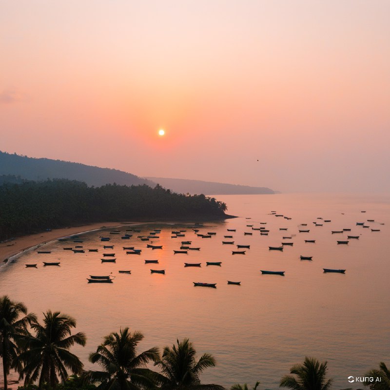 夕阳下宁静的海滩景色，渔船散落在水面上，海岸线上的棕榈树和朦胧的天空，捕捉到了果阿海岸风景的宁静之美