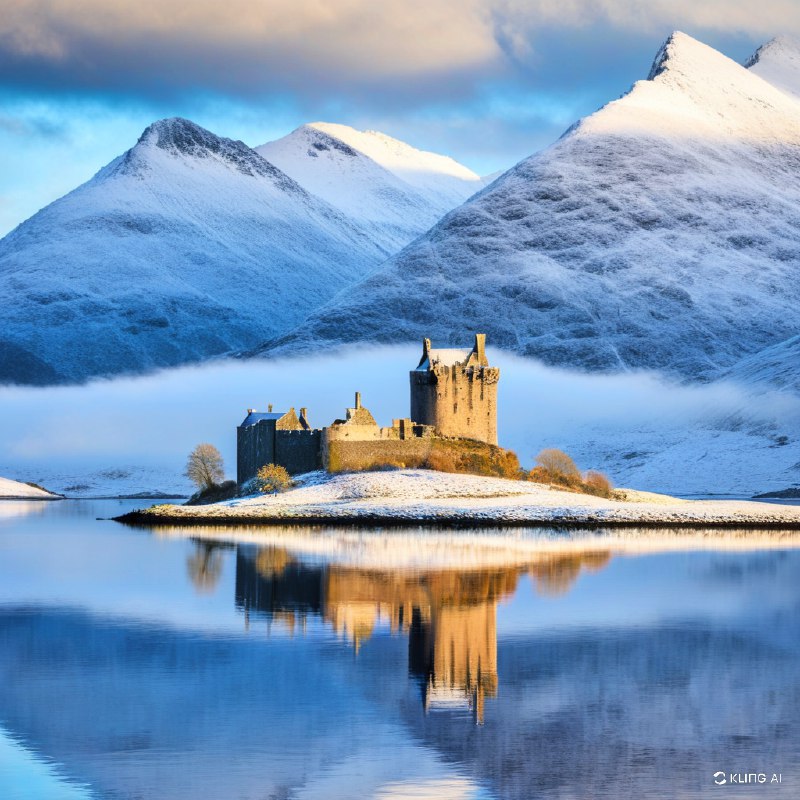 #Bing_Wallpaper“一座孤独的中世纪石堡静静矗立在洛奇湖宁静水域中央的一座小草地岛屿上，周围环绕着苏格兰高地飘渺的自然美景