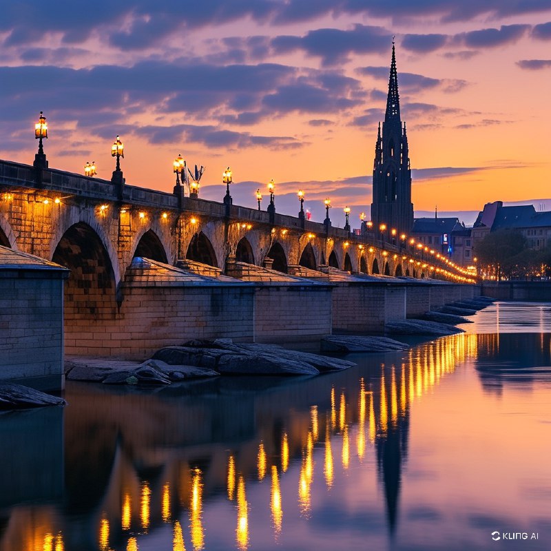 #Bing_Wallpaper黄昏时分，一座历史悠久的多拱石桥横跨宽阔的河流，风景如画