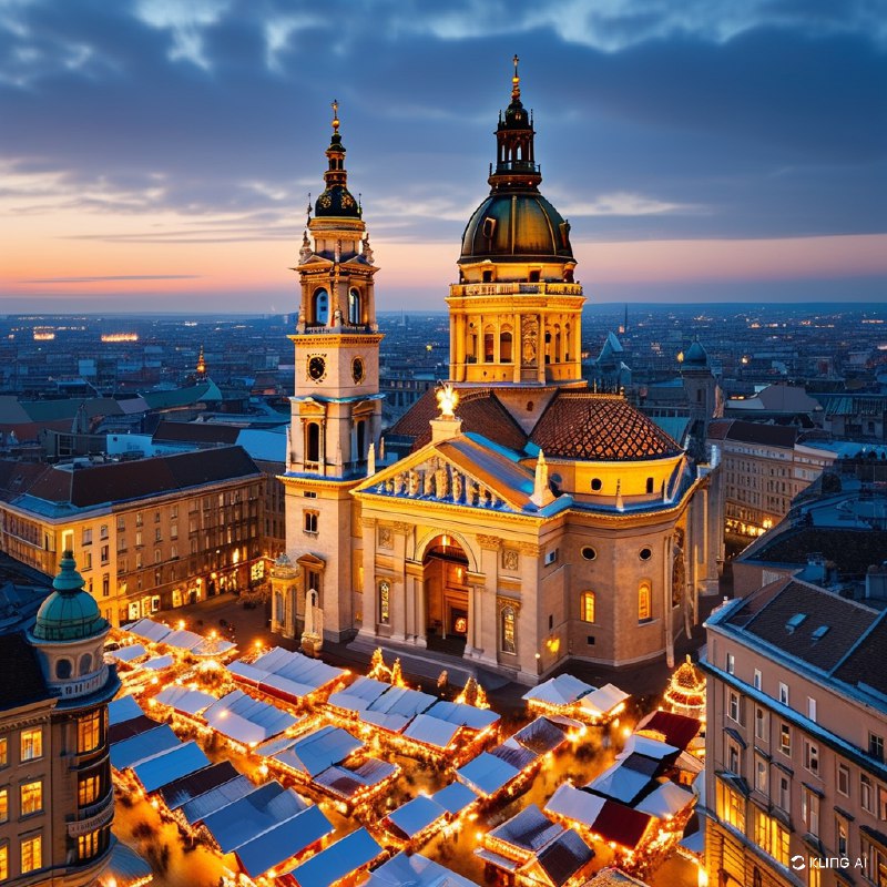 #Bing_Wallpaper圣斯蒂芬大教堂在降临节期间的全景，装饰着来自匈牙利布达佩斯繁忙圣诞市场的温暖发光灯饰