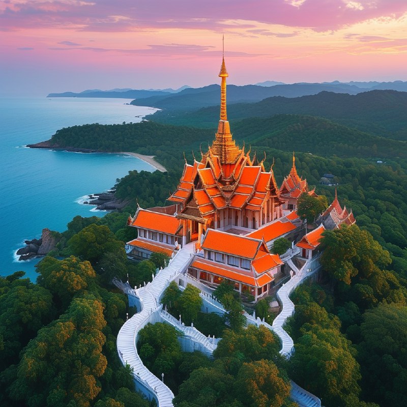 #Bing_Wallpaper在黄昏时分俯瞰泰国班克鲁特的唐赛寺壮丽景色