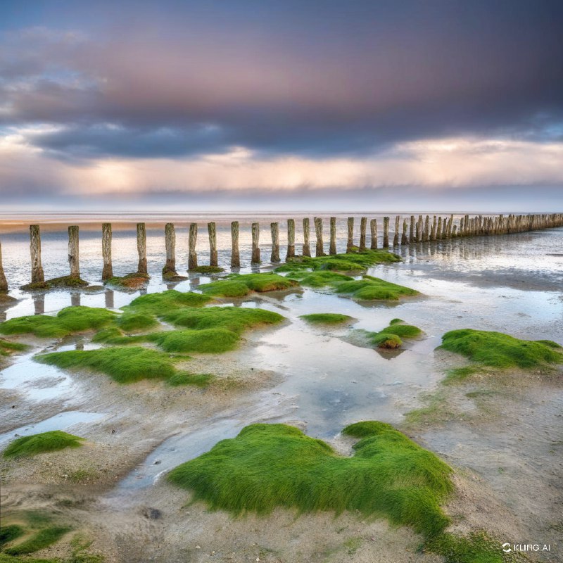 这是一幅宁静的风景画，展现了广阔的海岸风光