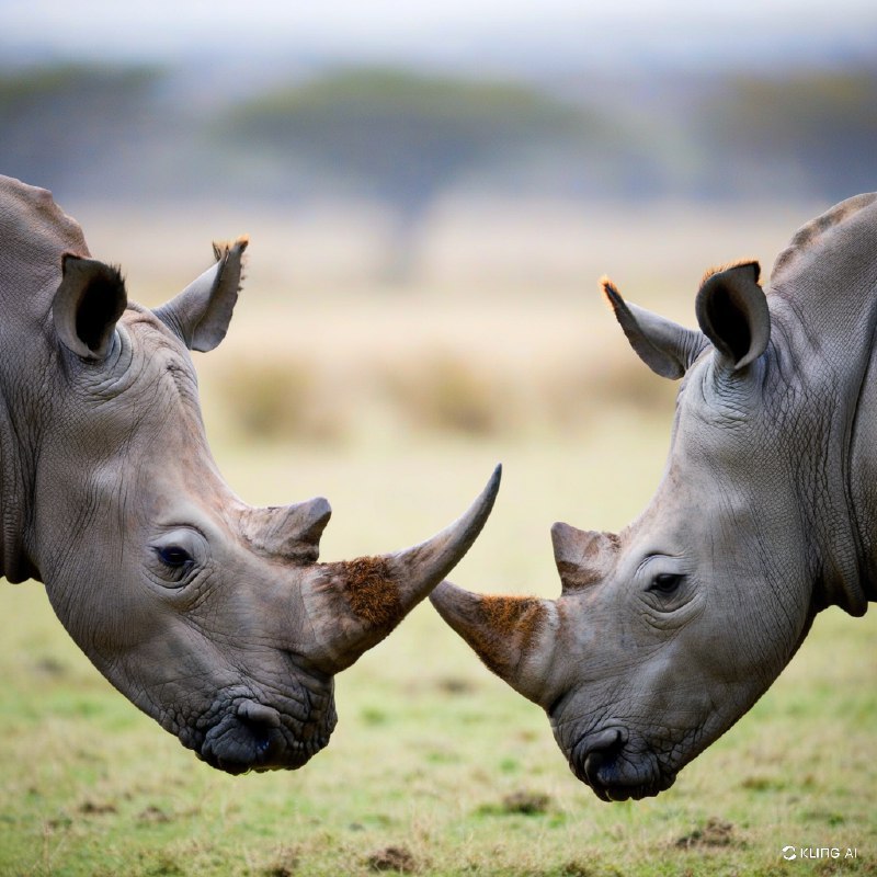 #Bing_Wallpaper“两只濒危的雄性白犀牛，面对面于一个亲密的时刻，置身于肯尼亚纳库鲁湖平静的背景下